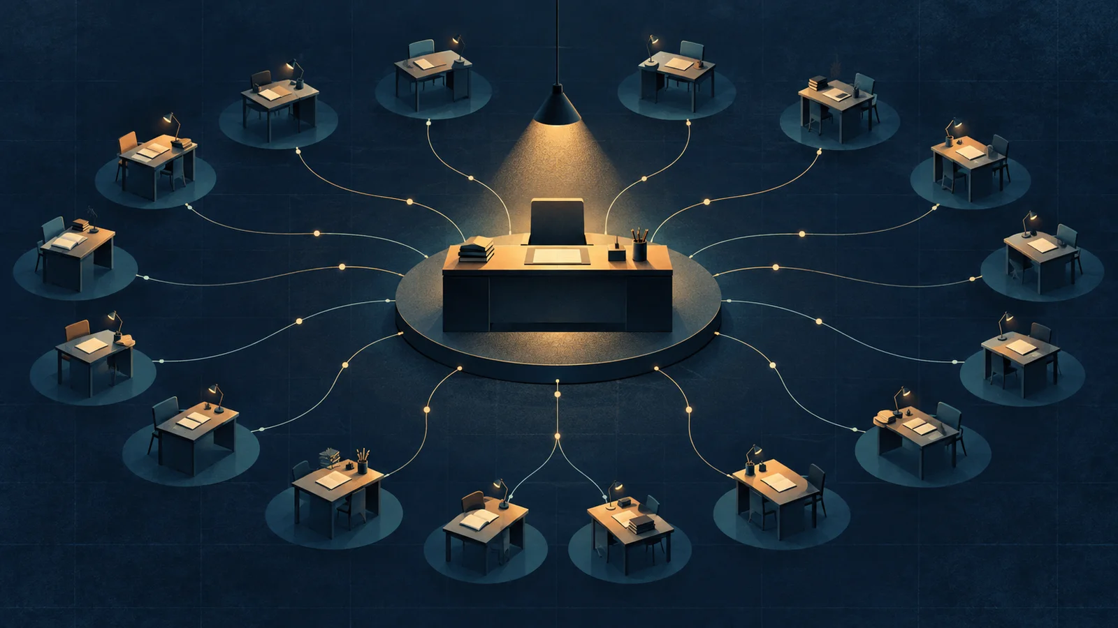 Conceptual editorial illustration of a central coordinating desk linked to sixteen smaller planning desks in a dark blue research-studio setting.
