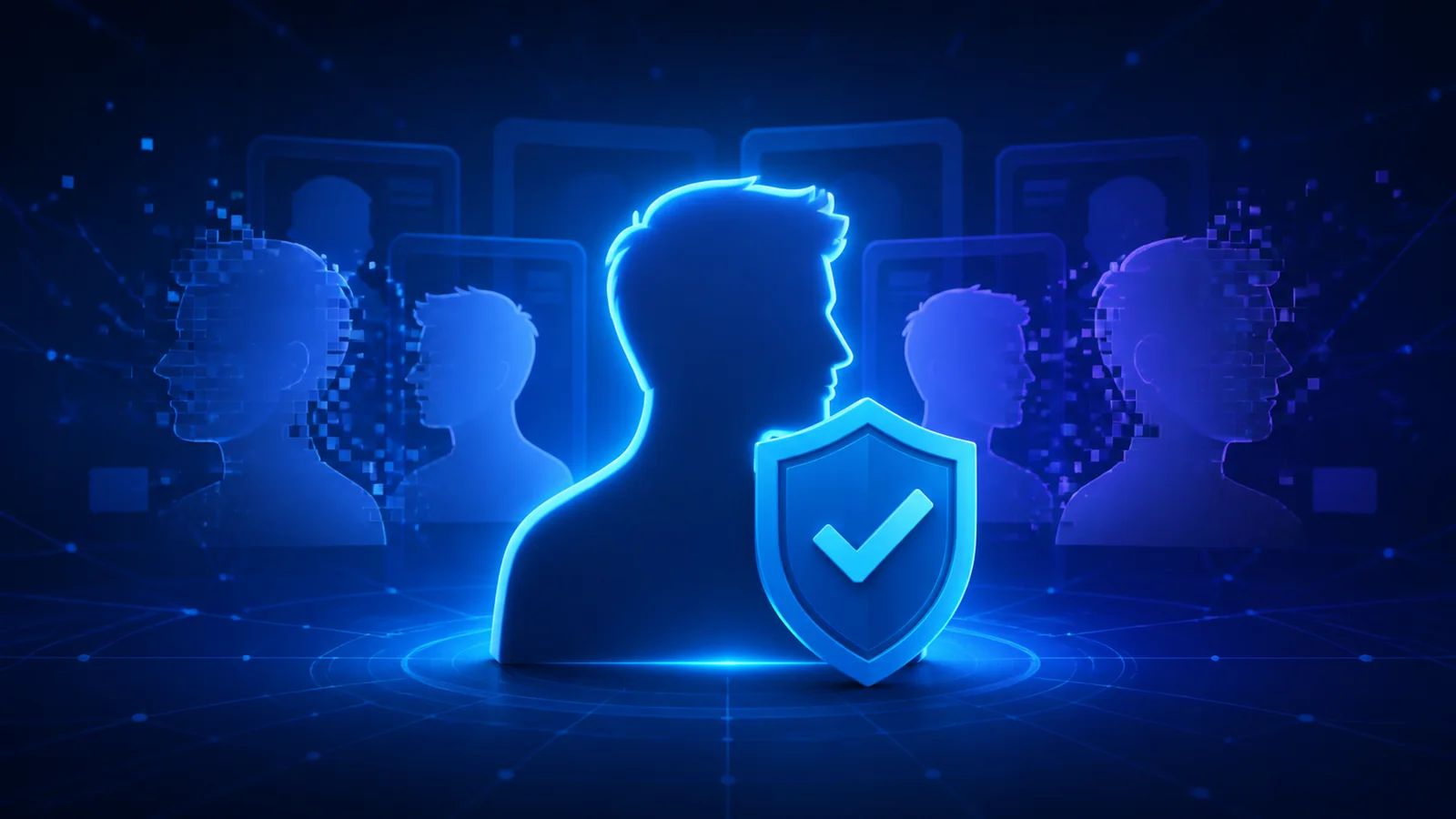 An illustrated profile silhouette and check-mark shield stand in front of duplicate profiles dissolving into pixels.