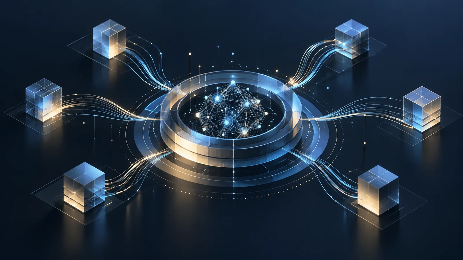 Abstract blue-and-gold editorial illustration of a central circular network form connected by luminous lines to transparent geometric blocks, representing an in-progress AI funding round.