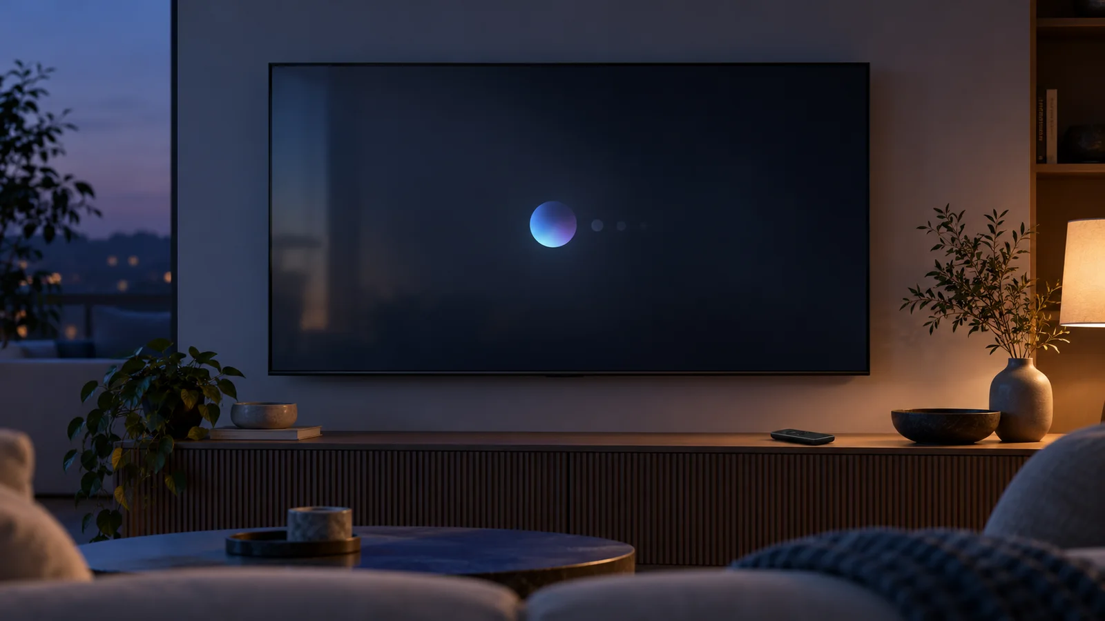Conceptual illustration of a dimmed smart television in a living room with a small fading abstract assistant indicator and a remote on the console.