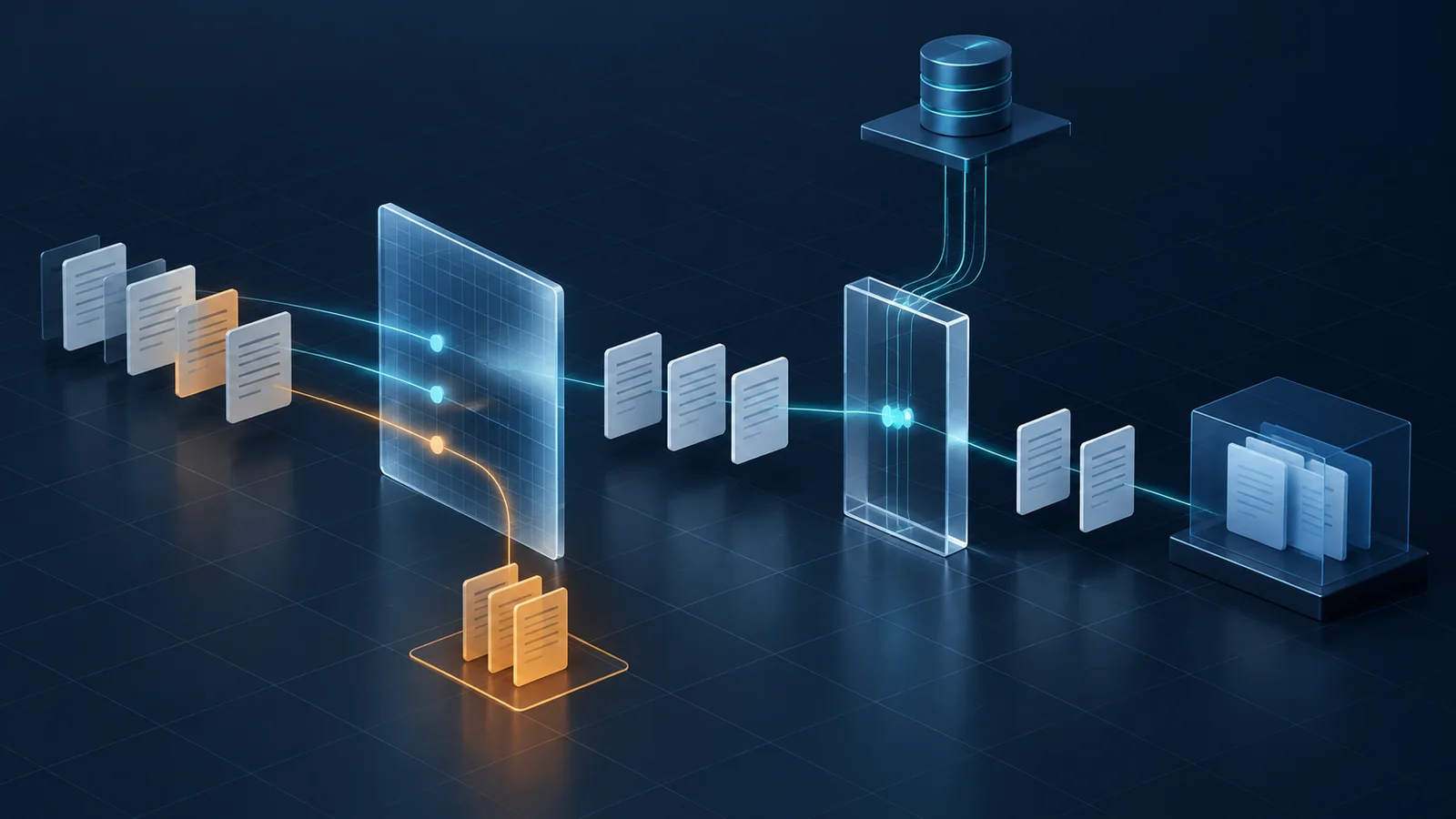 Conceptual illustration of document cards passing through two sequential permission-verification gates before reaching model context.