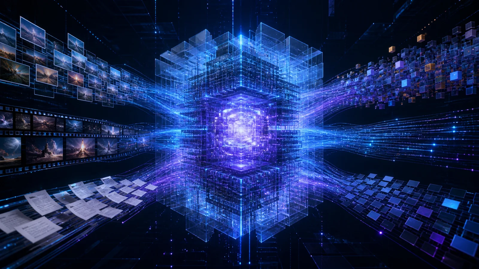 An immense translucent computational core receives streams of image frames, documents, video frames and data tiles.