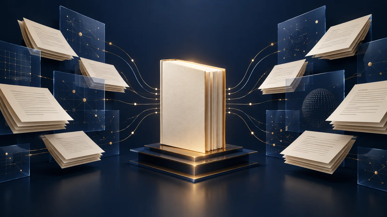 A central ivory ledger is surrounded by unbranded document sheets, translucent blue panels and gold network lines.