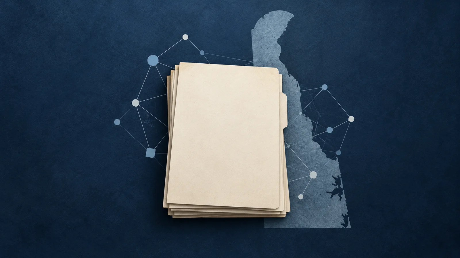 Conceptual illustration of a blank paper dossier over a Delaware-shaped silhouette with sparse blue network nodes.