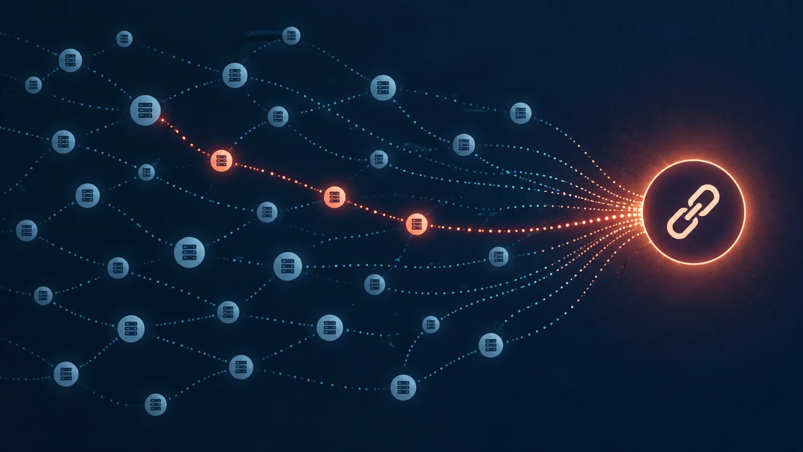 Abstract dark-blue network of anonymous resolution nodes converging on a glowing generic share-link symbol.