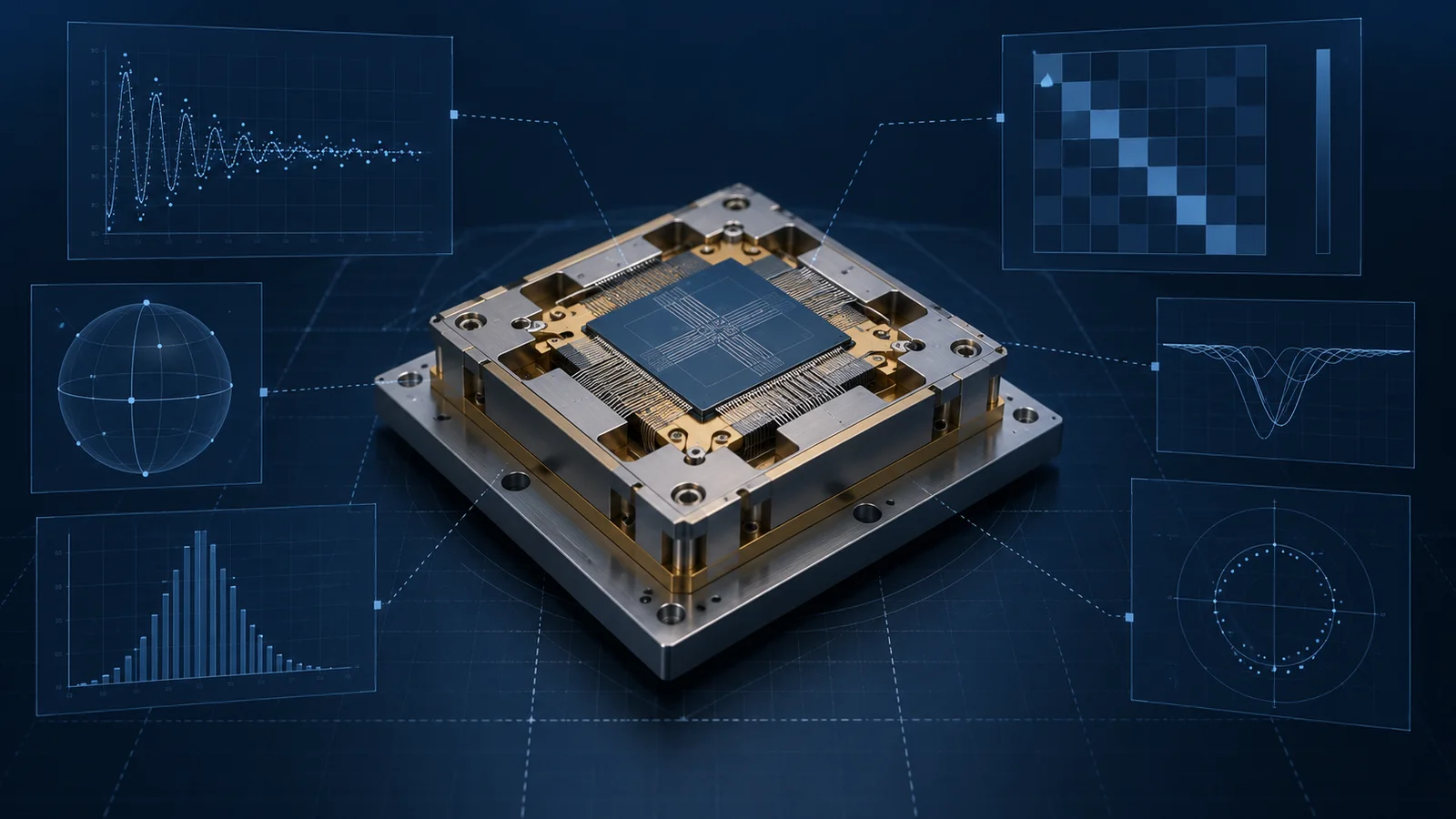 Conceptual modular quantum hardware under neutral measurement charts and validation diagrams.