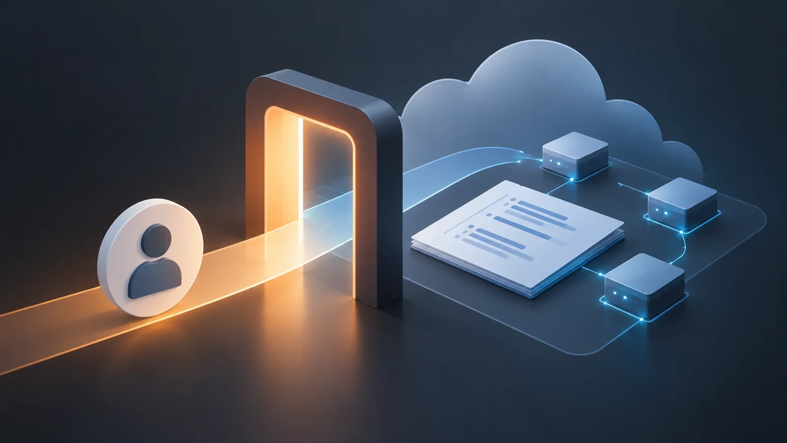 Conceptual illustration of a neutral identity marker passing through a glowing gateway toward an abstract notebook and three connected compute blocks beneath a cloud shape.
