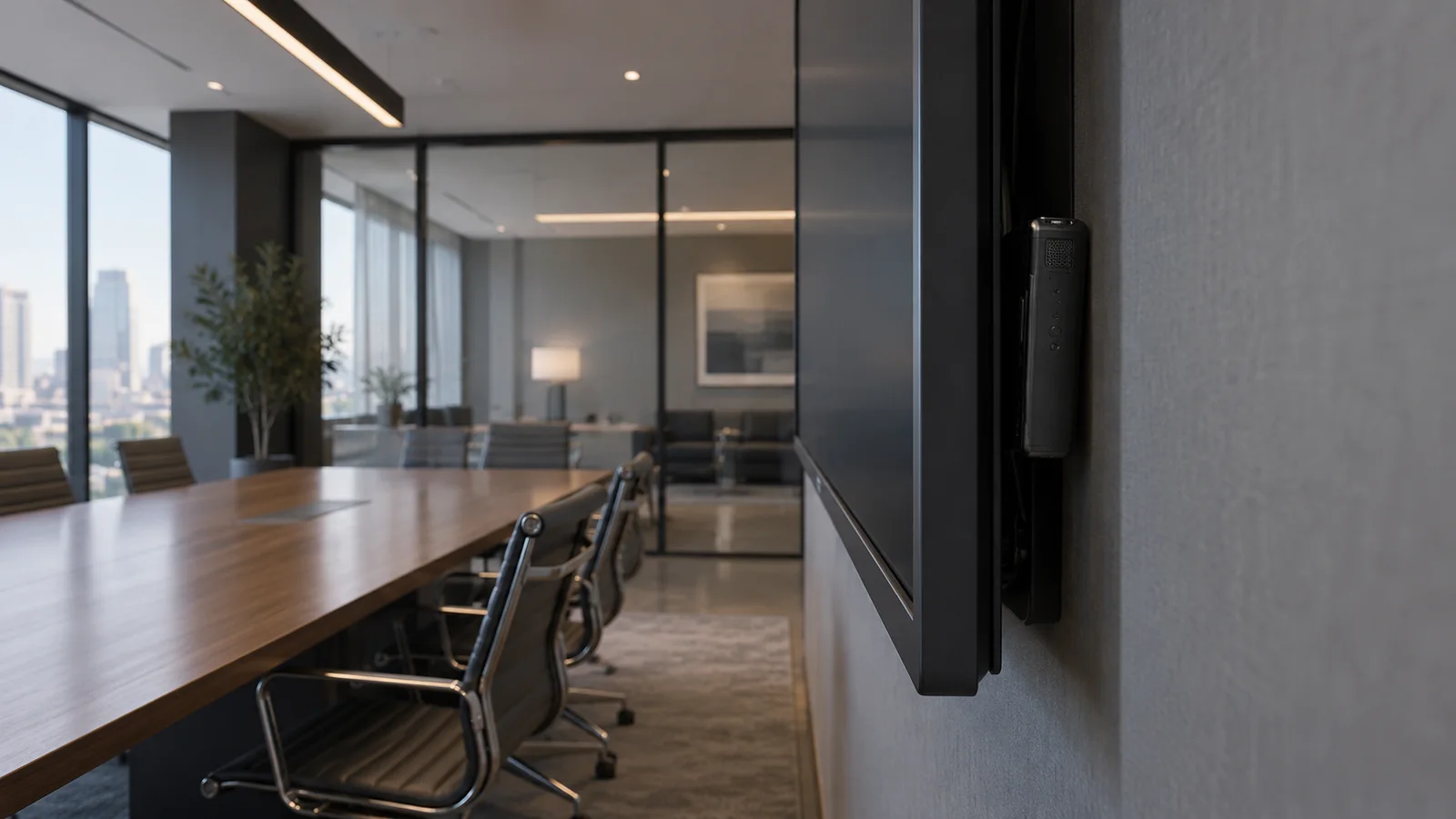An empty modern conference room with a small black audio recorder visible behind the edge of a wall-mounted display.