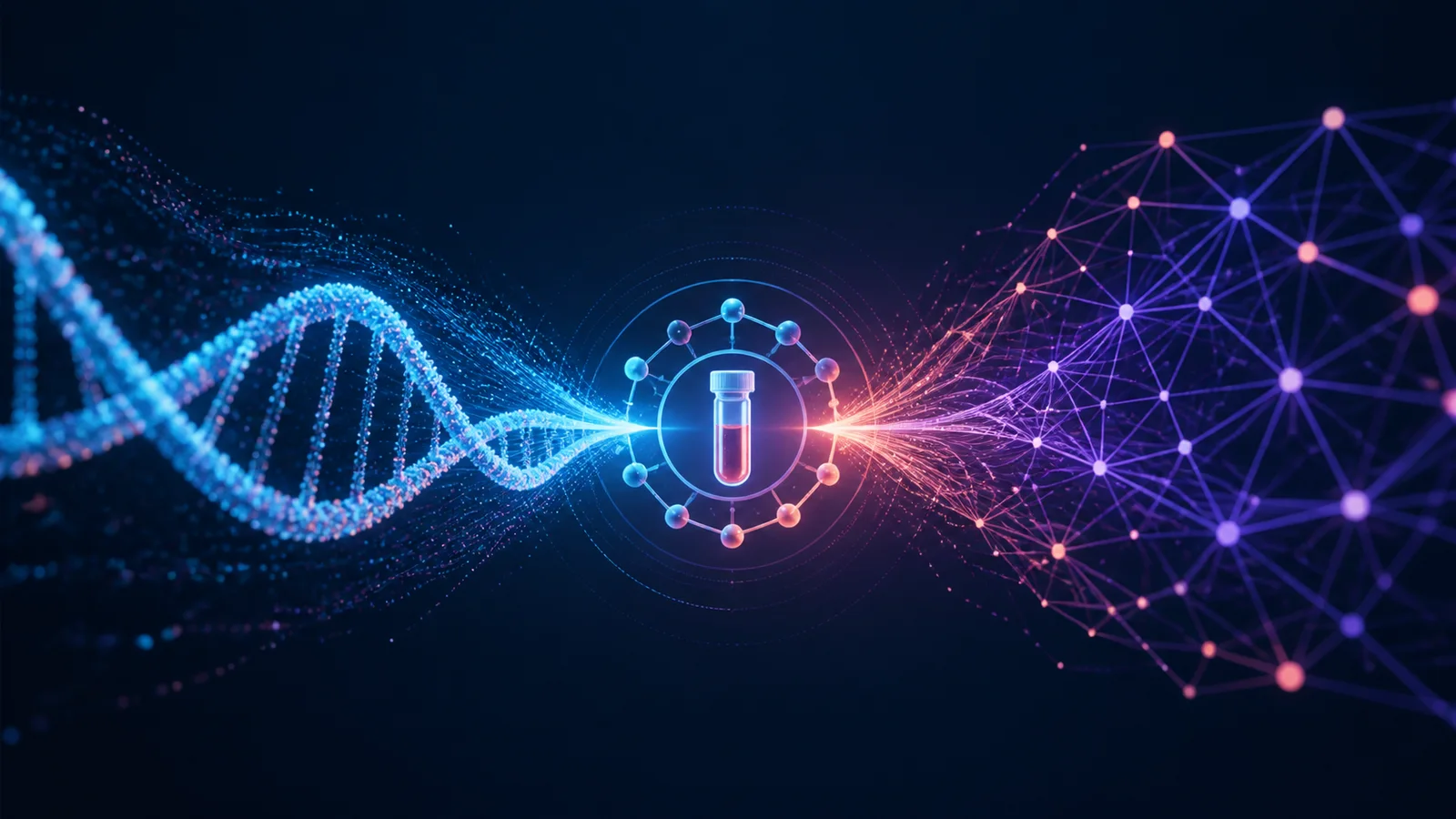 Abstract DNA helix and neural-network lattice converging around a blood sample vial.