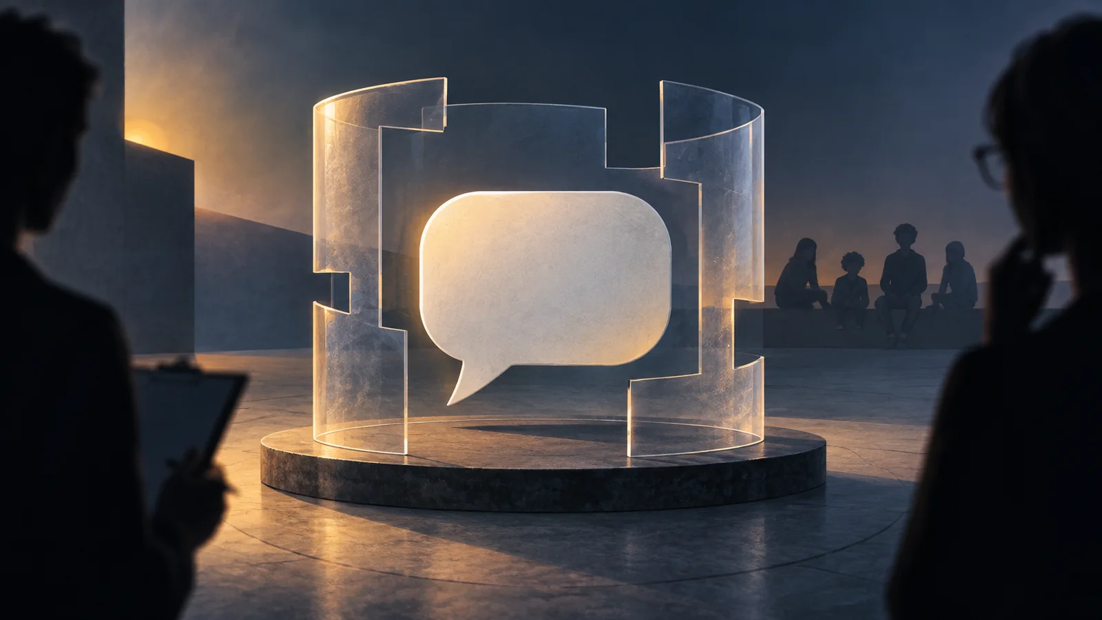Conceptual illustration of an unbranded speech bubble enclosed by a segmented transparent protective frame, with indistinct teen silhouettes in the background.