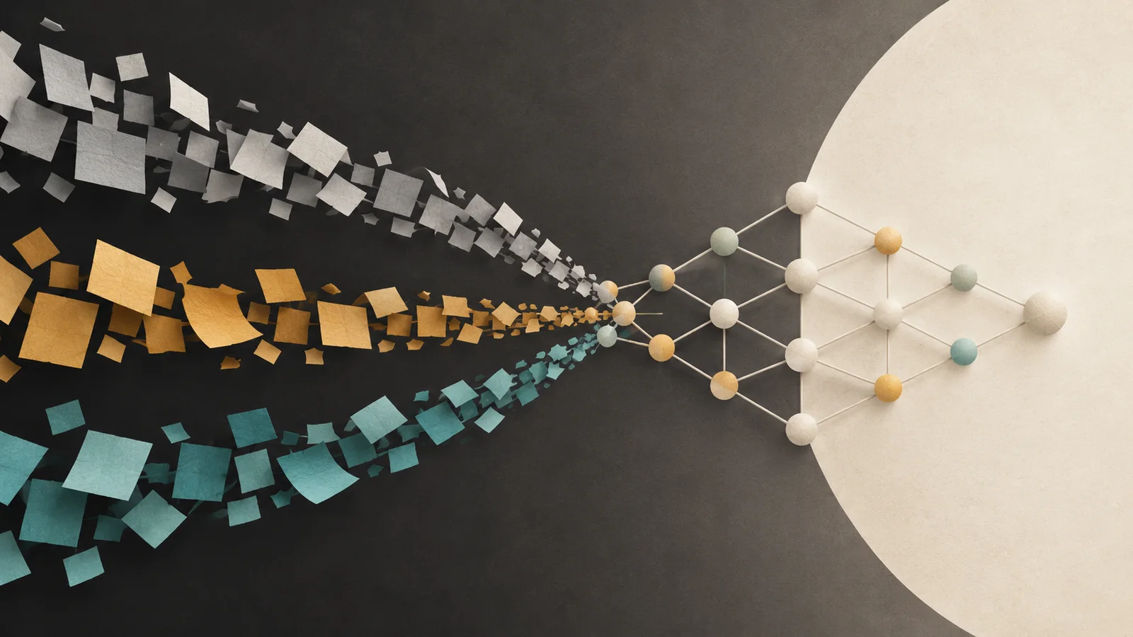 Three graphite, amber and teal paper-like data streams converge into a connected reasoning lattice on a charcoal and cream background.