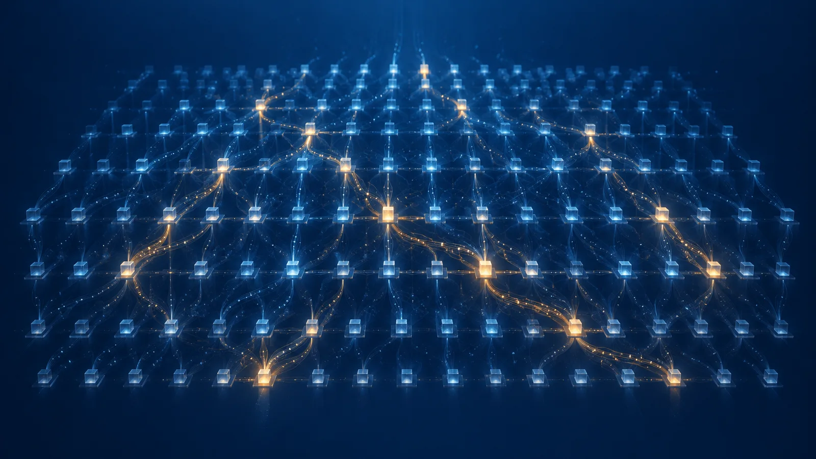 Conceptual illustration of a structured blue network of computation modules with select illuminated paths.