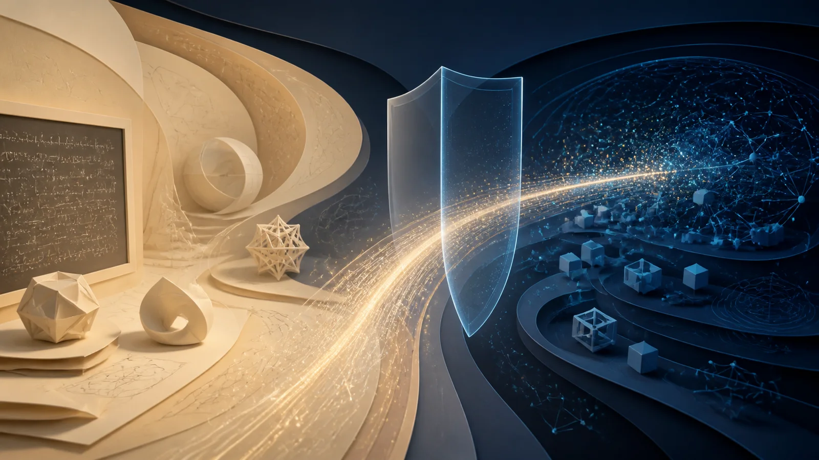 Abstract mathematical forms transition through a translucent protective shield into a blue computational network.