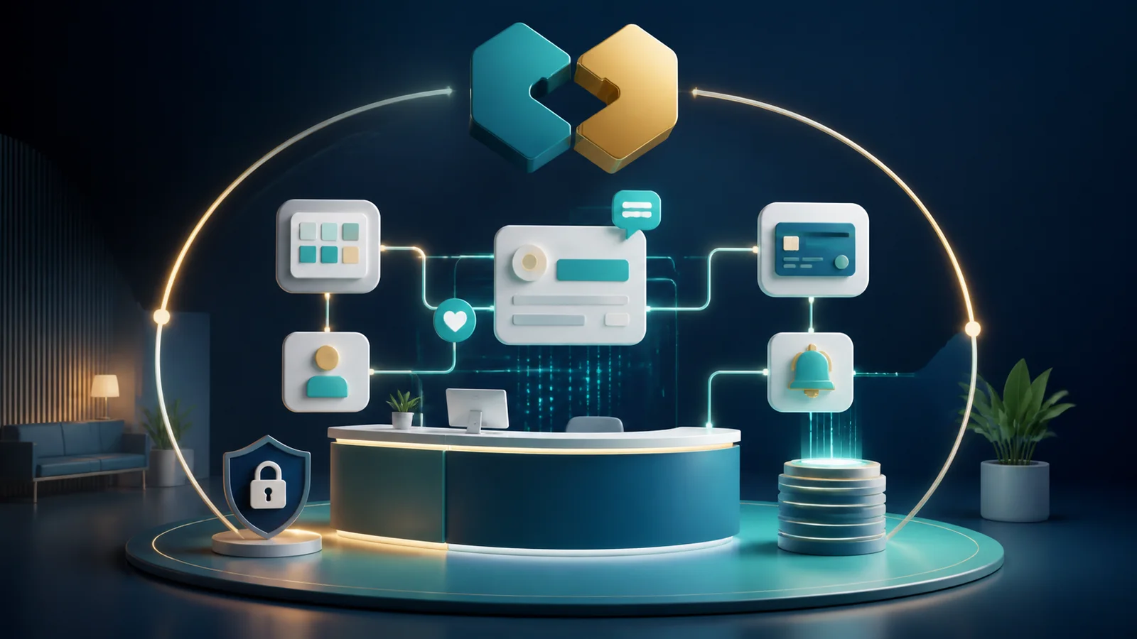 Conceptual healthcare reception desk surrounded by connected scheduling, messaging, payment, security, and patient-interface symbols.