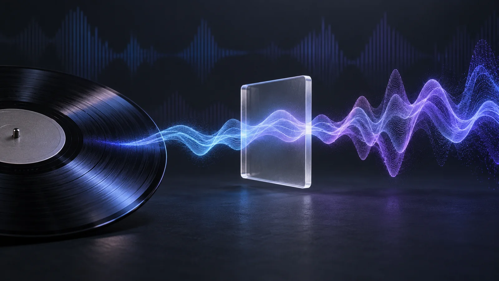 Conceptual illustration of a vinyl record with a blue-to-violet sound wave passing through a blank translucent provenance marker.