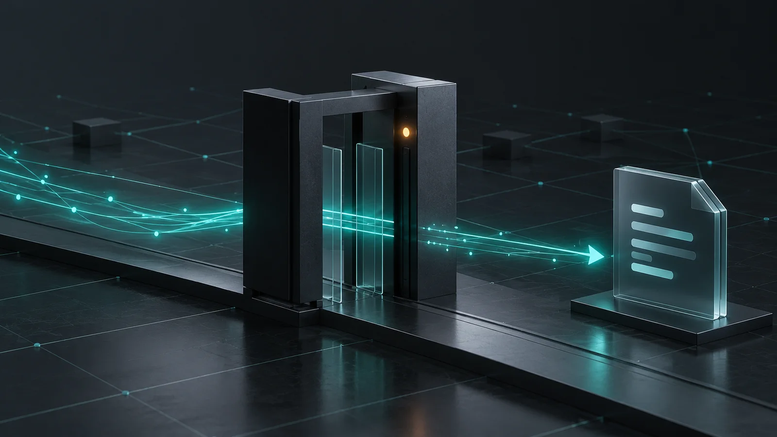 A dark access-control gate with an amber warning light as a teal transaction path passes toward a geometric contract document.