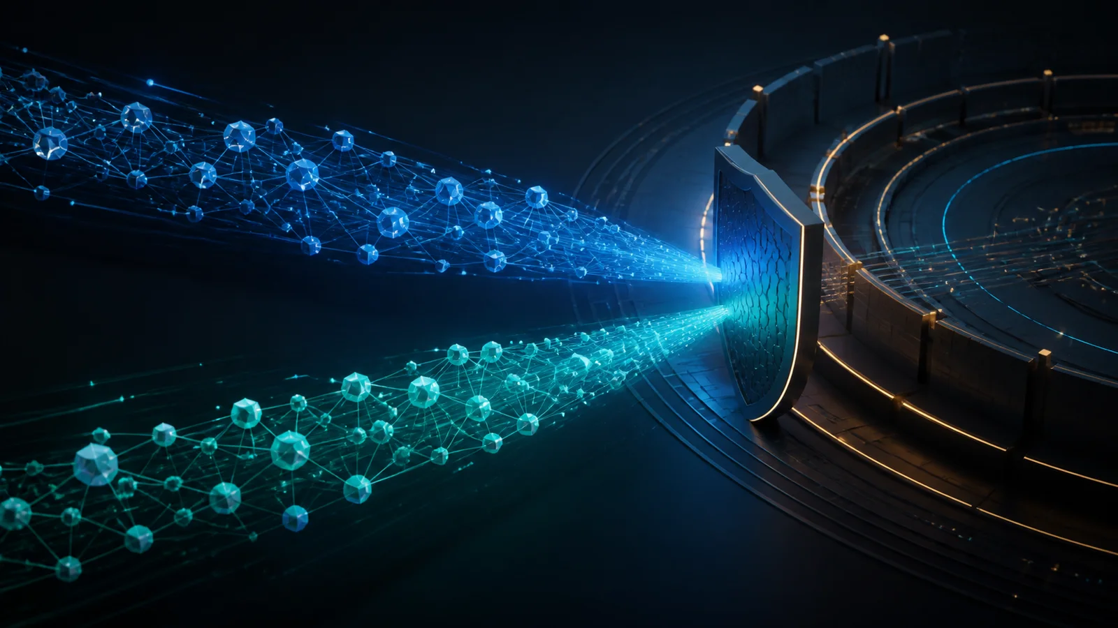 Two streams of glowing computational nodes converge on an abstract cyber-defense shield.