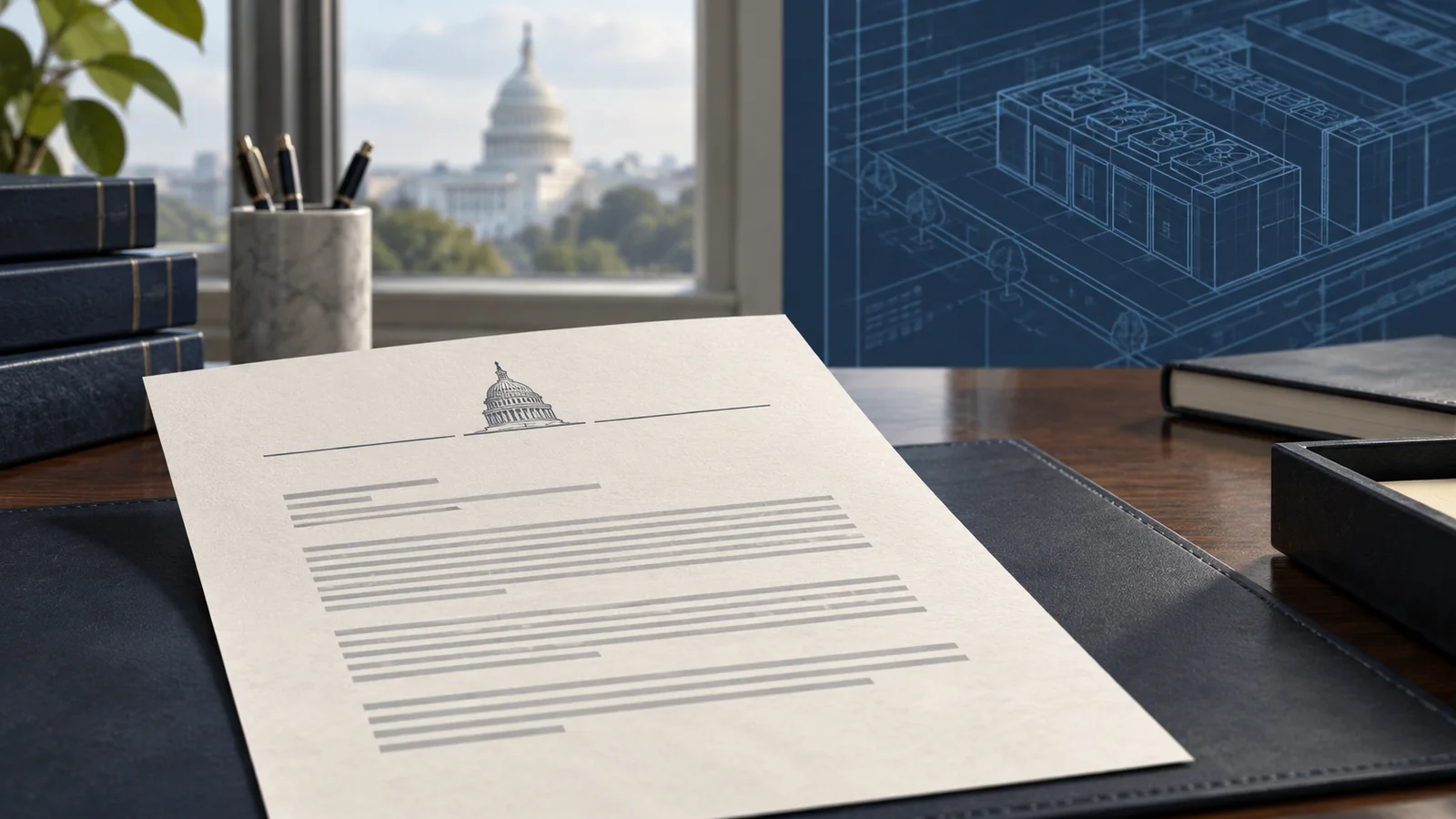 An unbranded oversight letter on a desk, with the U.S. Capitol in the background and an abstract data-center blueprint beside it.