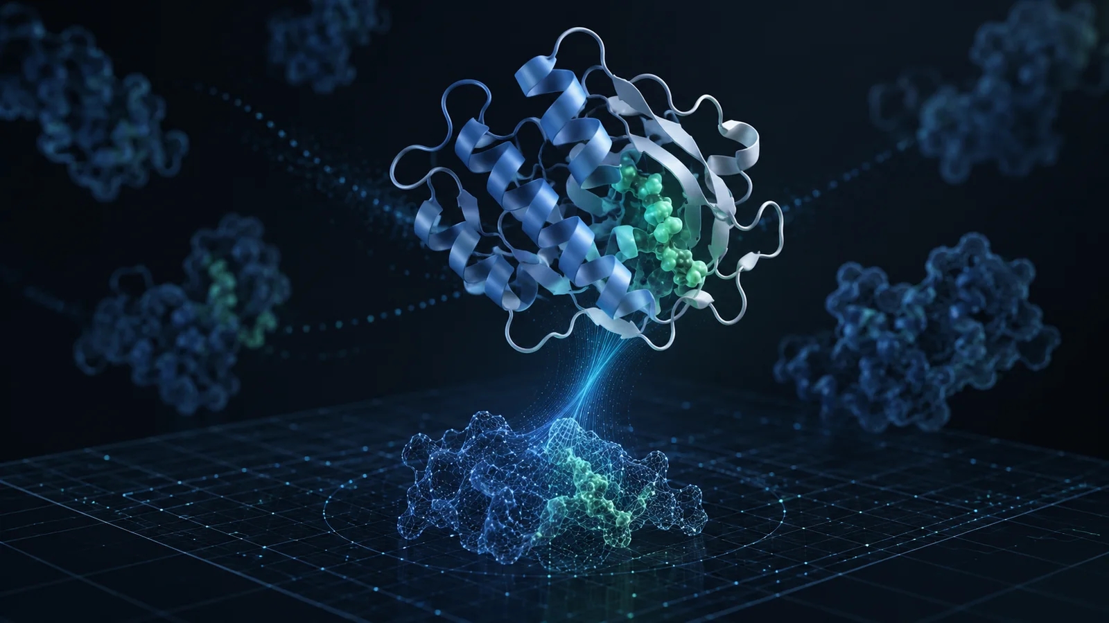 Conceptual illustration of a folded protein structure above a computational grid with molecular forms and blue-green analytical light.
