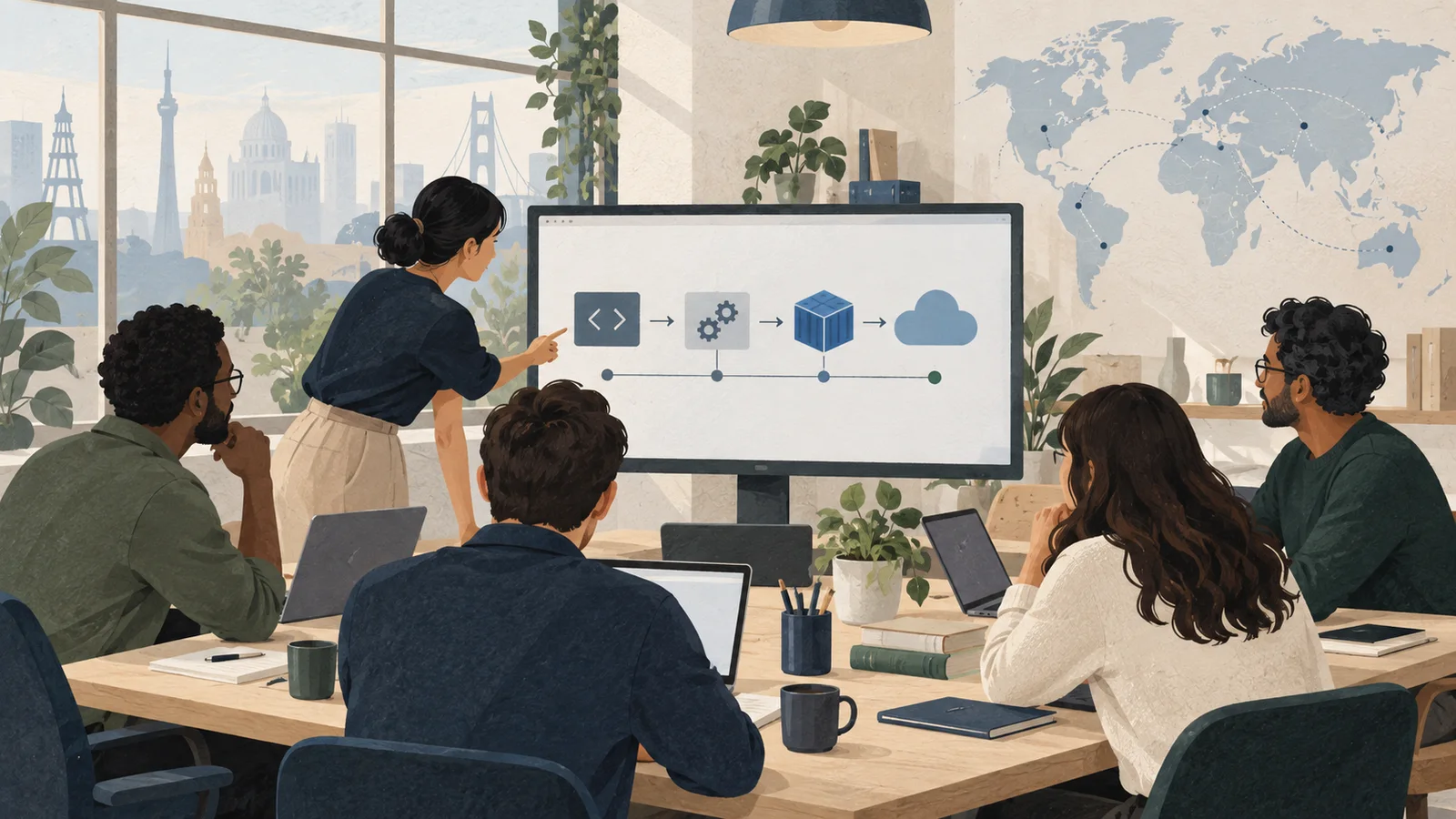 Editorial illustration of non-identifiable engineers in a workshop reviewing a simple deployment flow on a large screen.