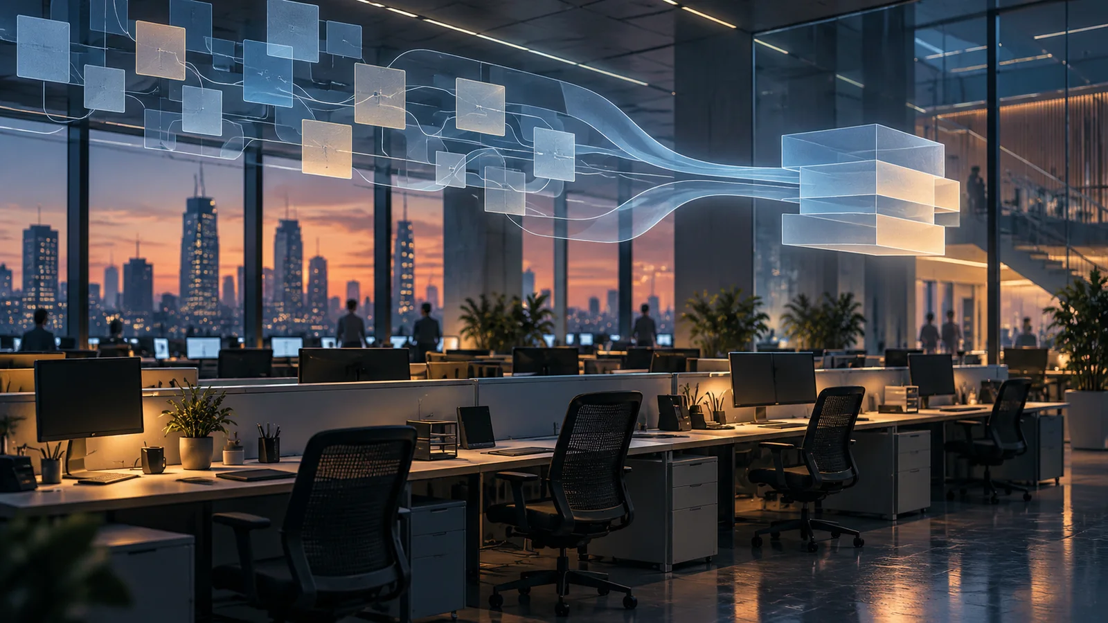 A restrained conceptual illustration of a modern corporate operations floor with workstations, empty chairs and translucent workflow pathways overhead.