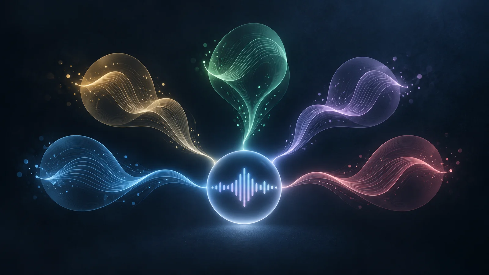 Conceptual illustration of five colored speech-wave paths connecting to a central glowing voice waveform.