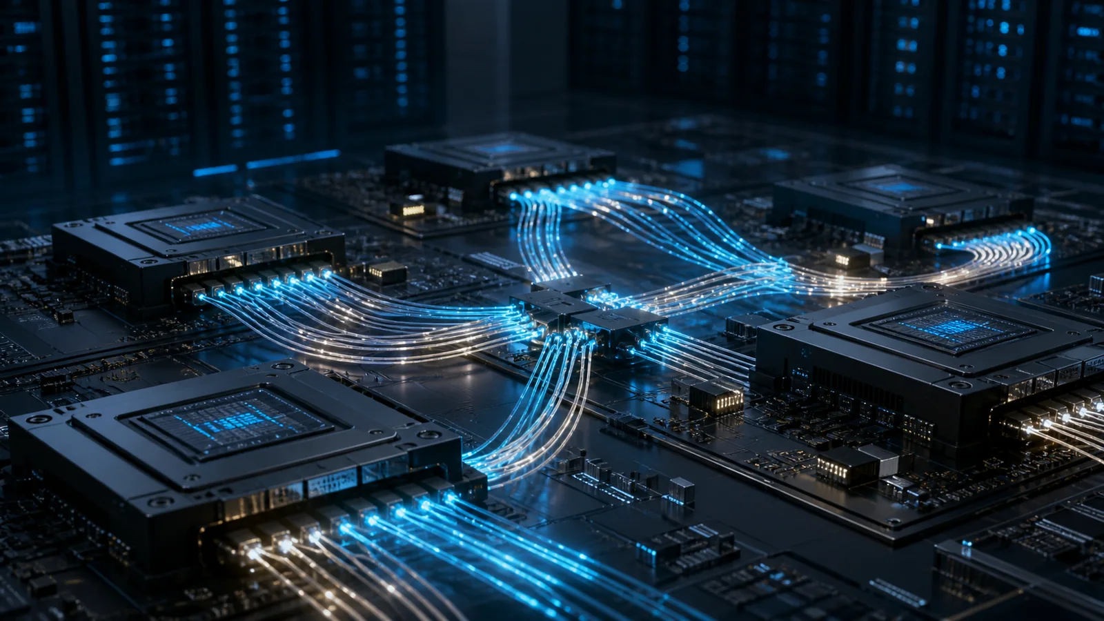 Abstract accelerator modules connected by glowing optical-fiber paths across a dark circuit board
