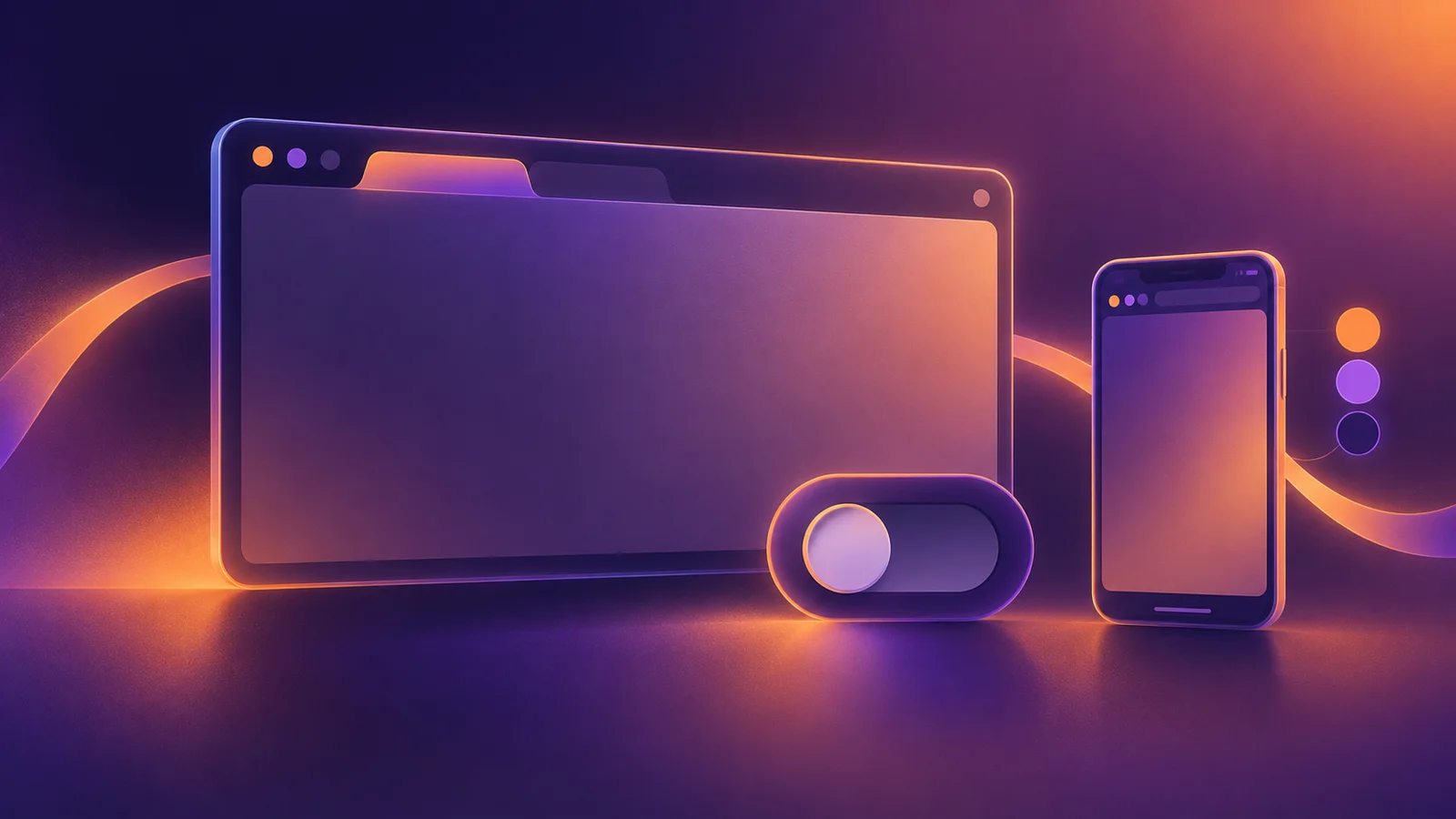 Editorial illustration of generic desktop and mobile browser frames, color swatches and an off-style control on a warm purple background.