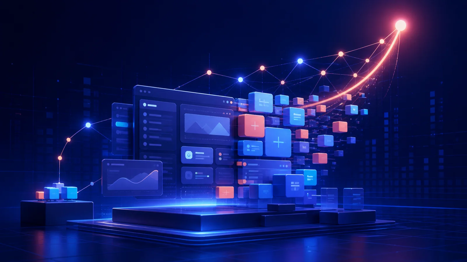 Abstract modular software interface panels assembling beneath an upward arc of connected nodes.