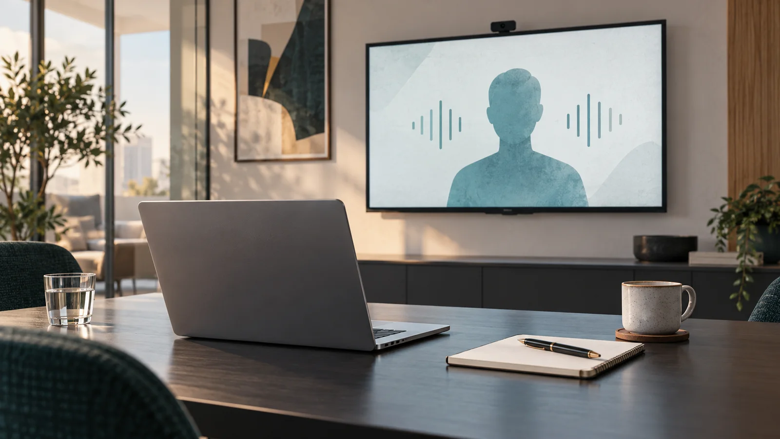 An unbranded laptop and notebook on an interview-room table facing a screen with an abstract teal client avatar and speech-wave marks.