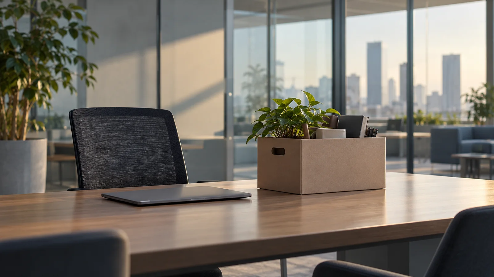Conceptual office scene with an empty chair, closed laptop and a desk box holding a plant.