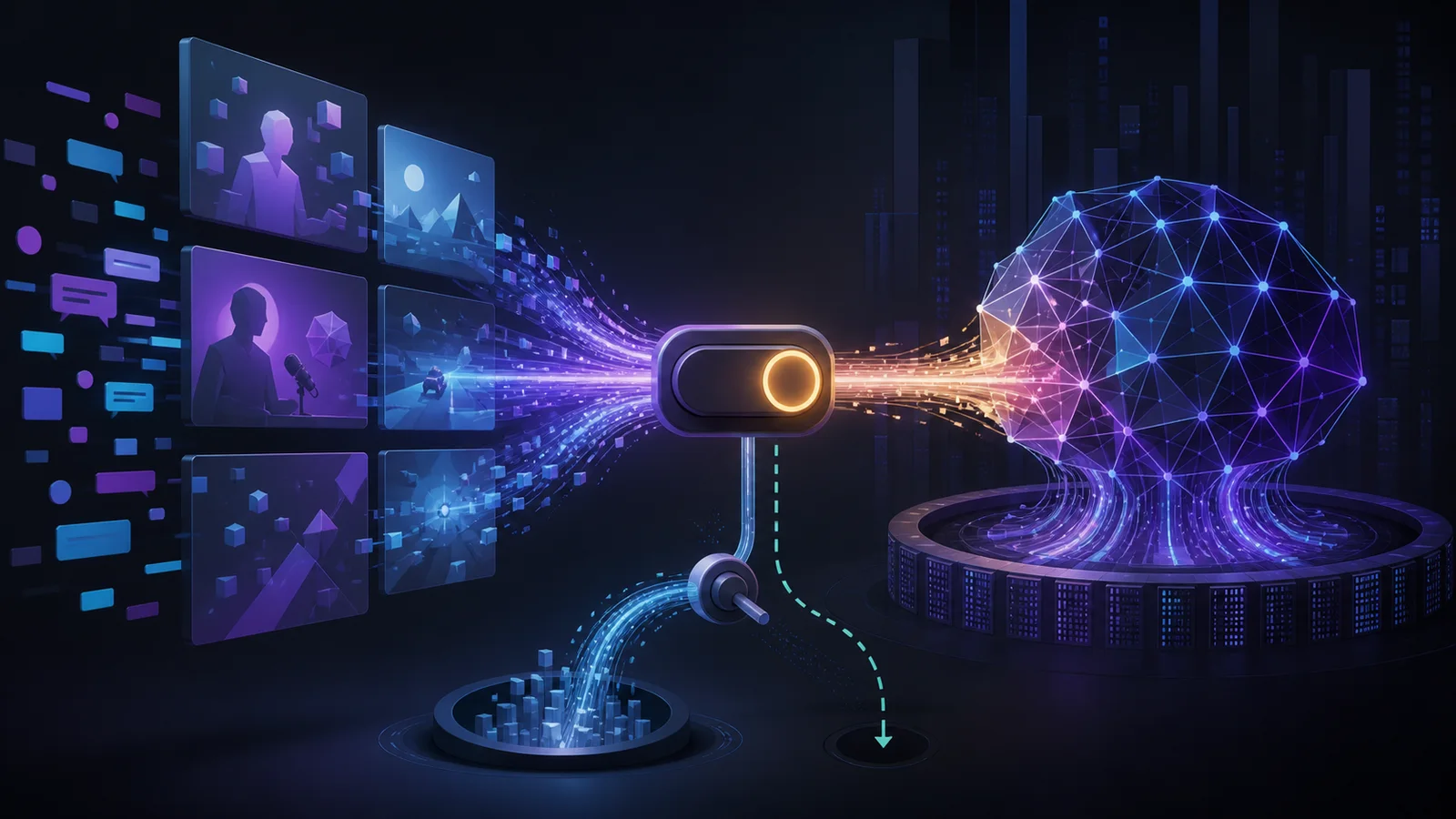 Generic livestream tiles send glowing data through an enabled control toward an abstract neural-network core, with a separate diversion path below.