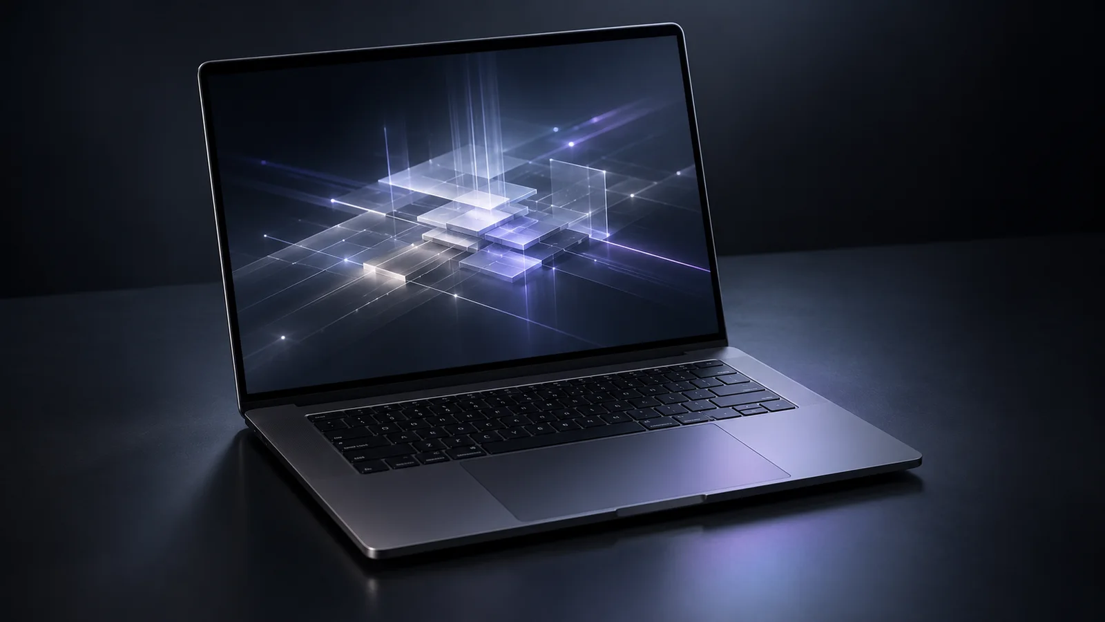 Conceptual illustration of an unbranded dark laptop displaying abstract local-computing geometry.