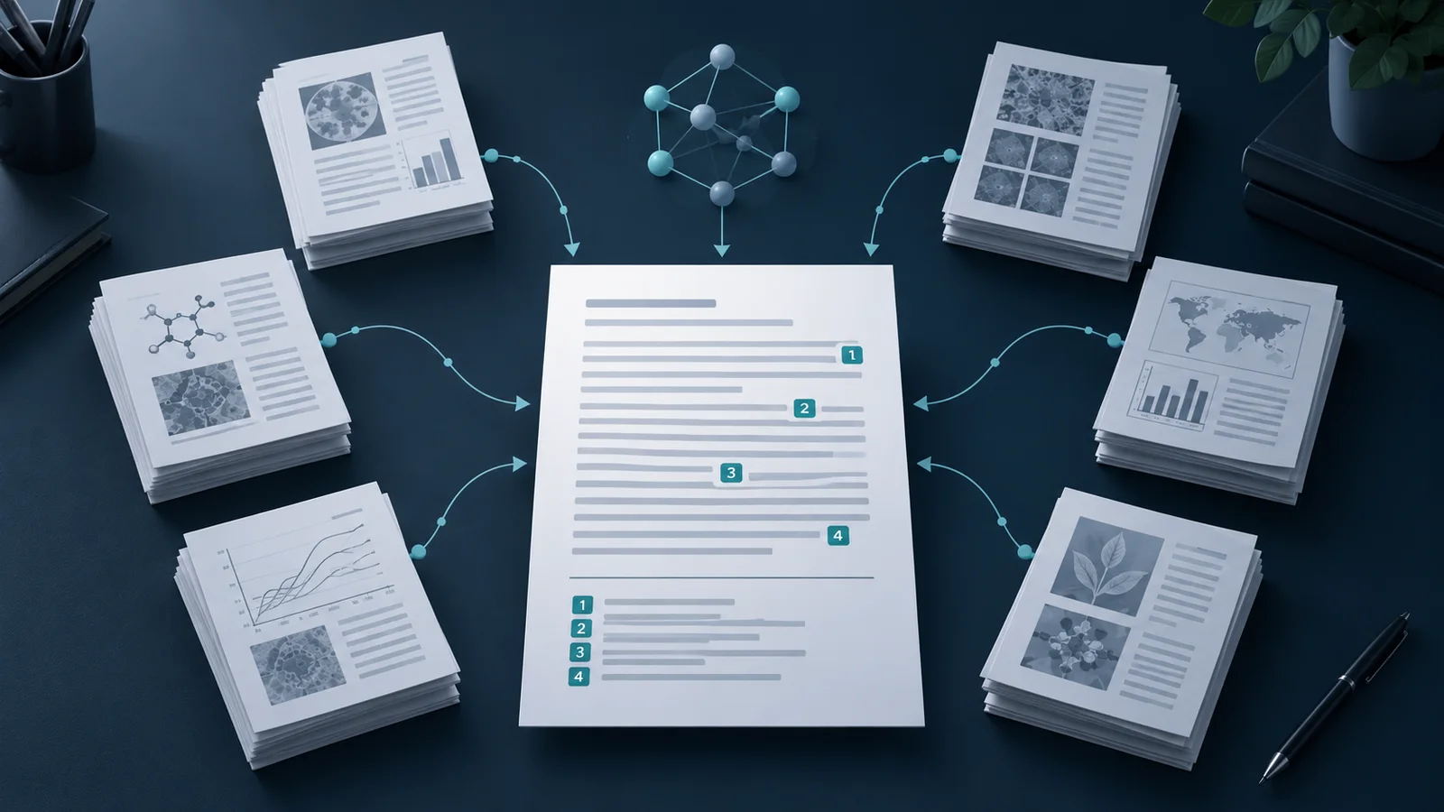 Editorial illustration of scientific paper excerpts feeding into a cited report page with numbered citation markers.