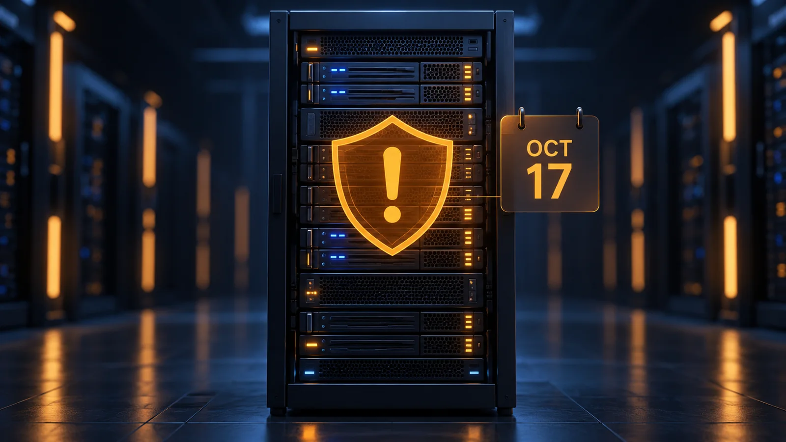 Conceptual illustration of a generic server rack with an amber incident-alert shield and an October 17 calendar marker.