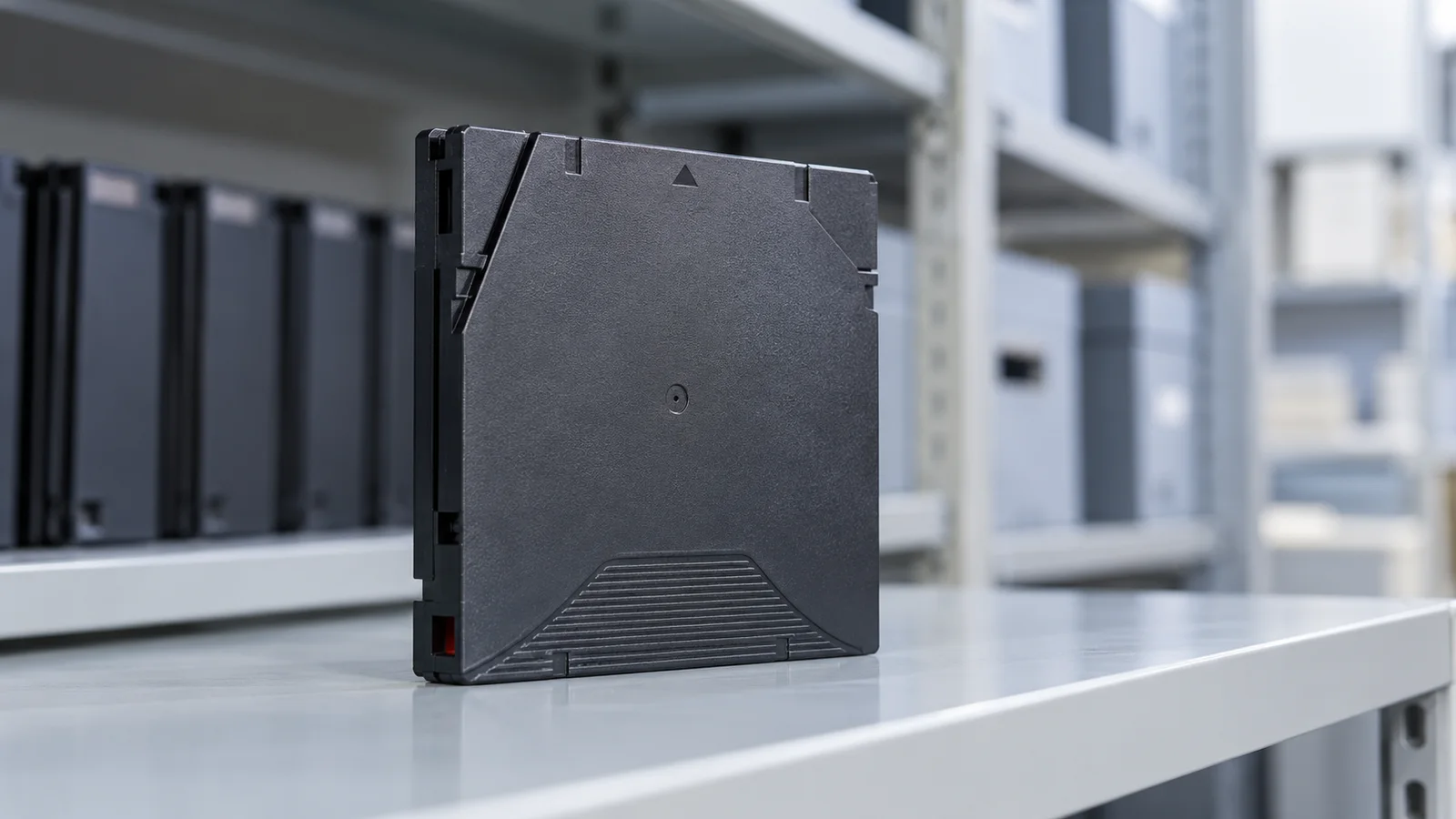 An unbranded black data-storage tape cartridge standing on a pale archive shelf, with more cartridges softly blurred behind it.