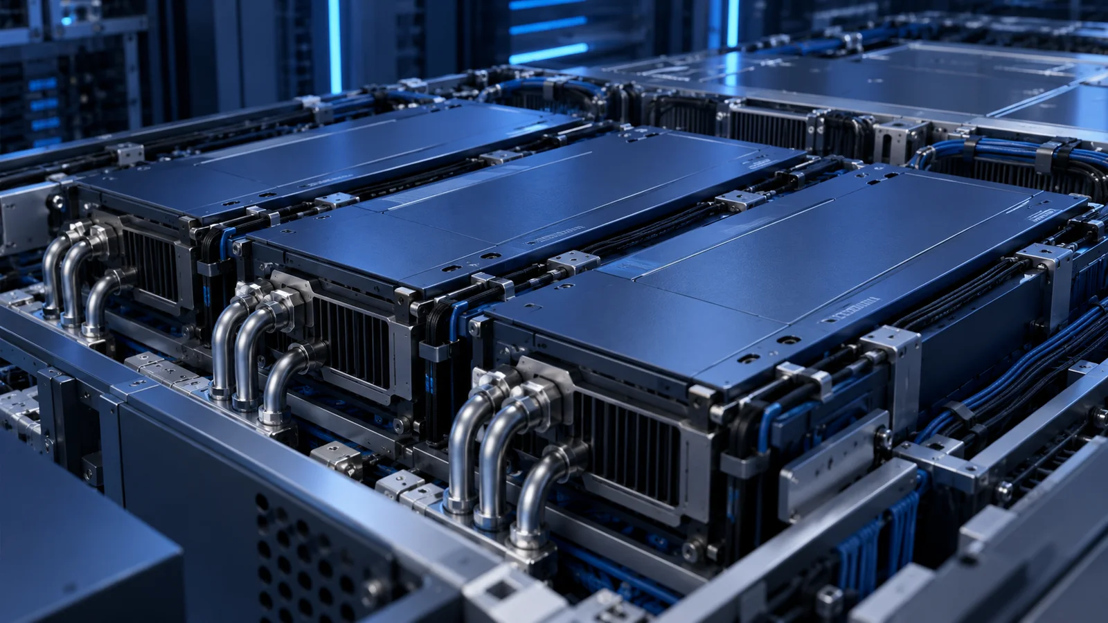 Conceptual illustration of liquid-cooled blue compute modules and metal connections in AI inference infrastructure.