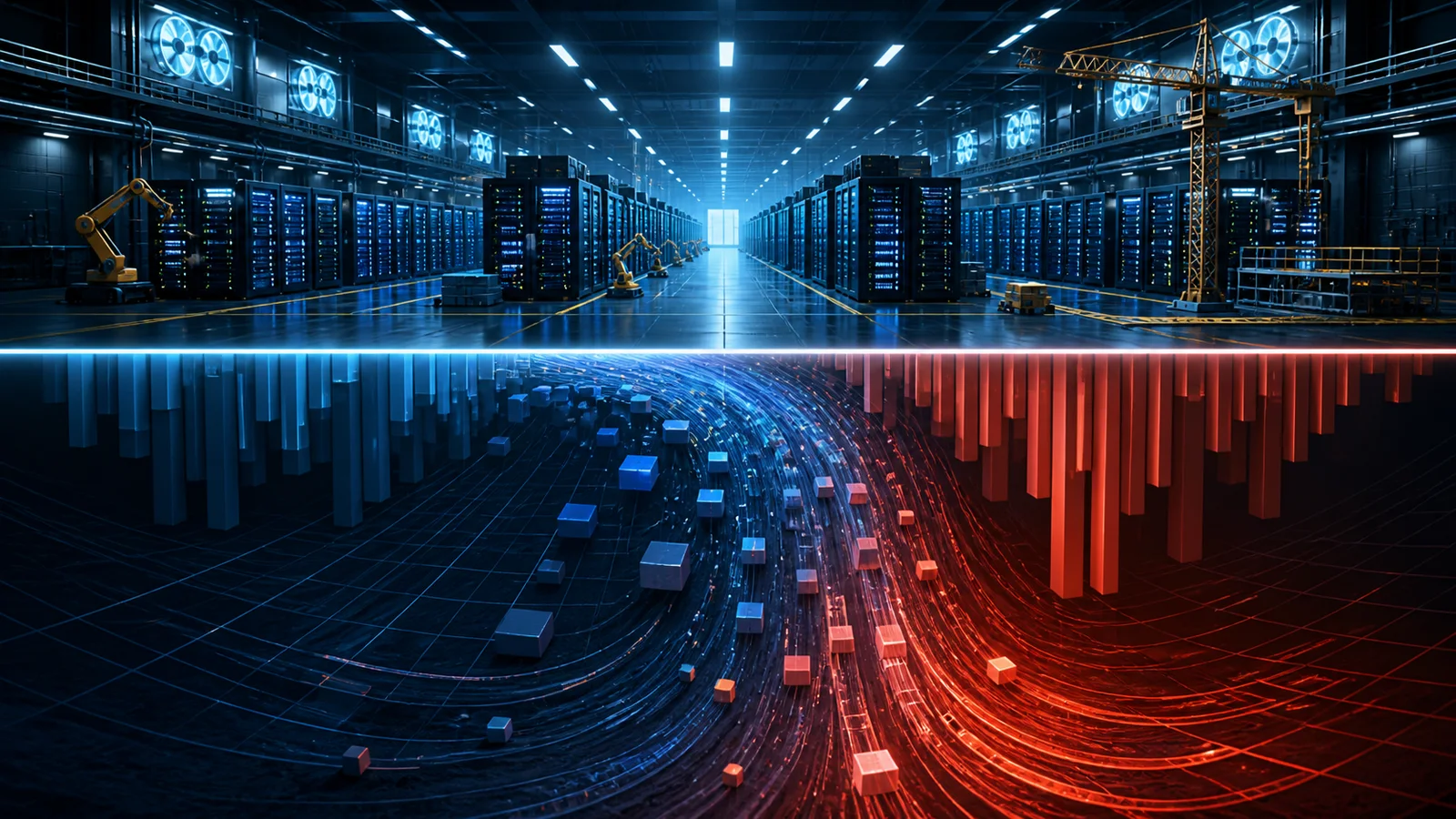 Illustrated data center under expansion above blue and red streams dipping below a horizontal baseline.