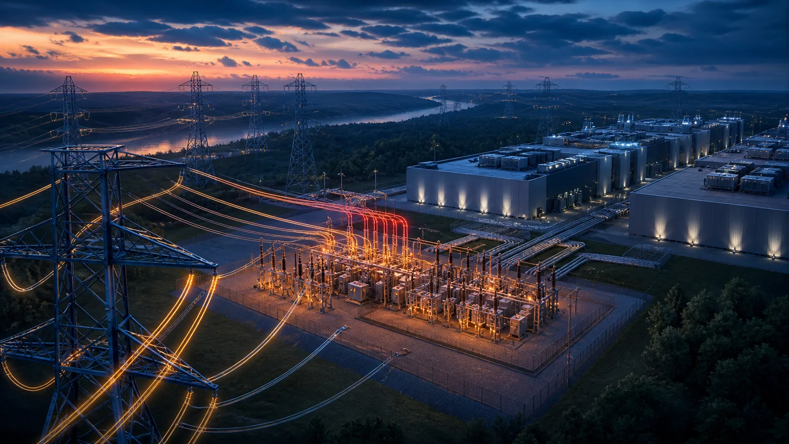 Editorial illustration of transmission lines feeding a large data-center campus through a brightly lit substation at dusk.
