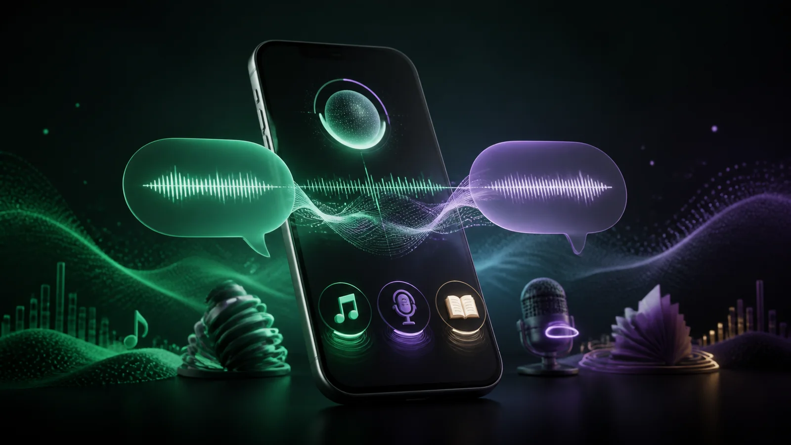 A generic smartphone surrounded by two speech bubbles with audio waveforms and symbols for music, podcasts, and audiobooks.