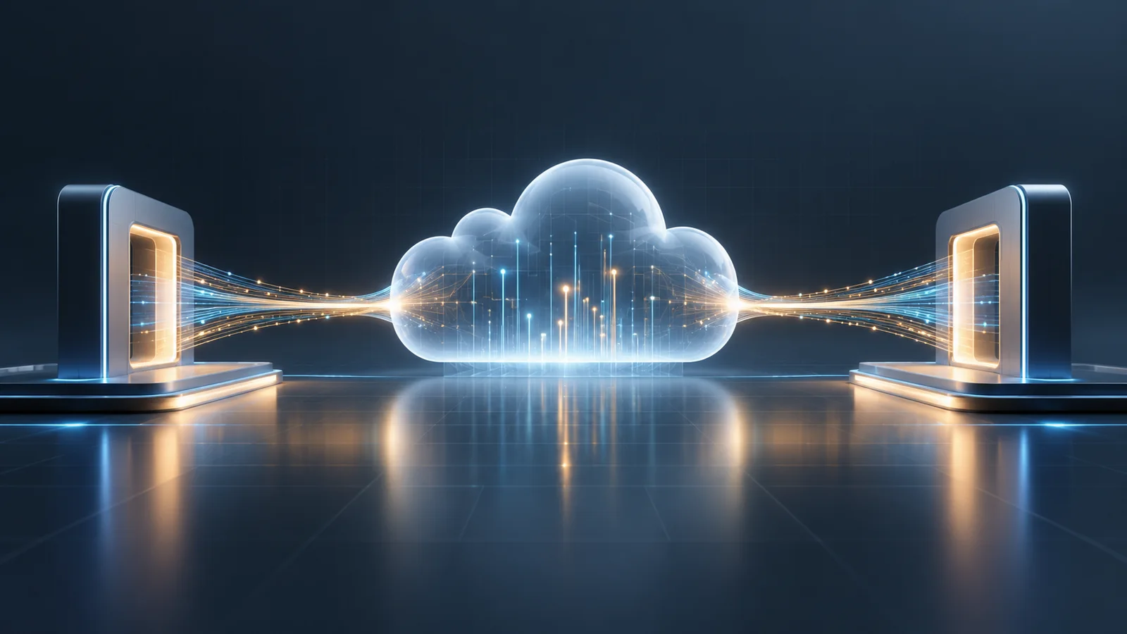 A label-free conceptual illustration of two equal cloud-computing gateways connected by luminous routes to a central cloud.