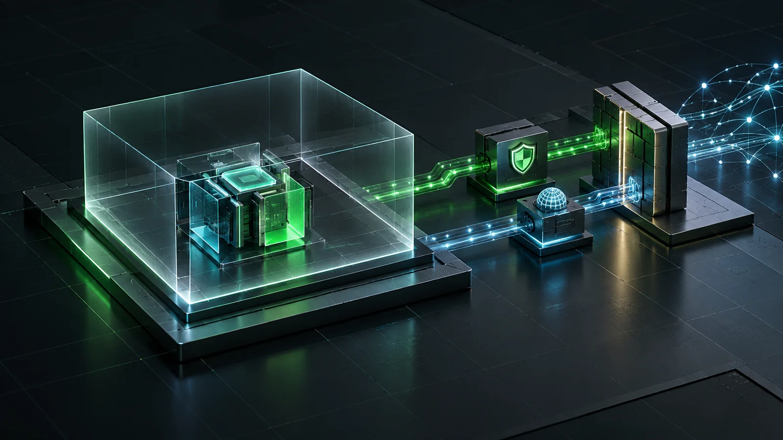Conceptual illustration of a contained compute workspace inside a translucent sandbox, with separate green policy-control paths, blue network paths and a hardware enforcement module.