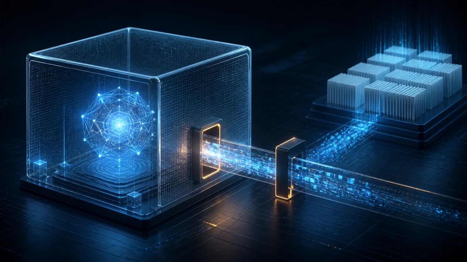 Abstract luminous AI core inside a transparent containment cube sending data through an open conduit toward stacks of blank data cards
