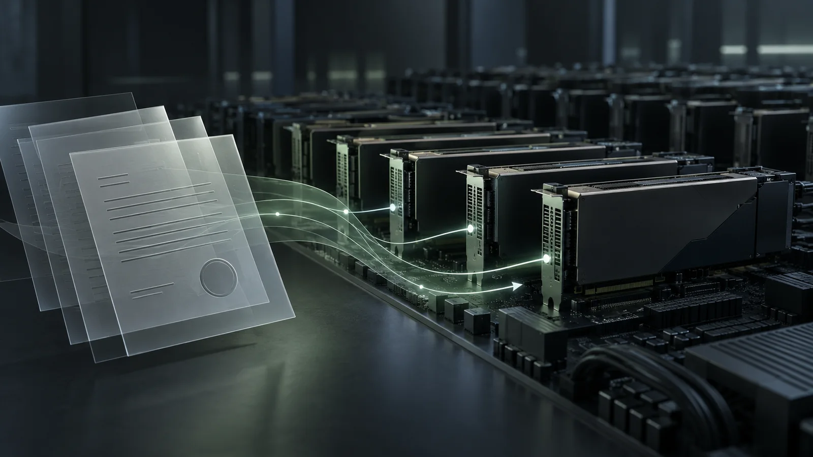 Unbranded accelerator cards on a compute board beside translucent financing documents connected by subtle light paths.