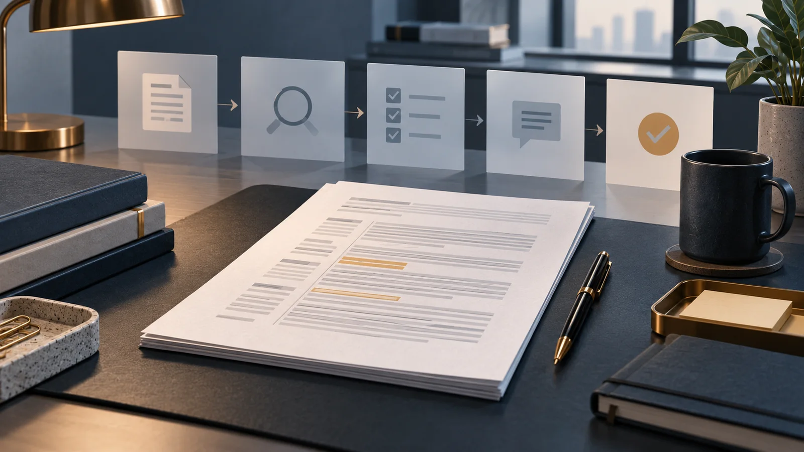 Editorial illustration of a contract document and a sequence of abstract review, checklist and approval panels on a desk.