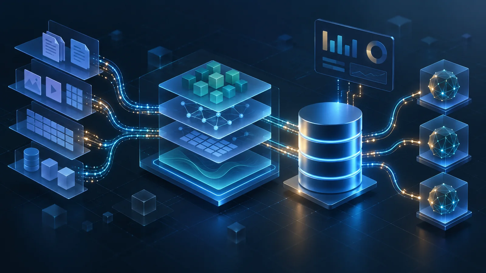 Conceptual illustration of layered governed data, a central database and abstract monitoring elements connected by blue and amber data paths.