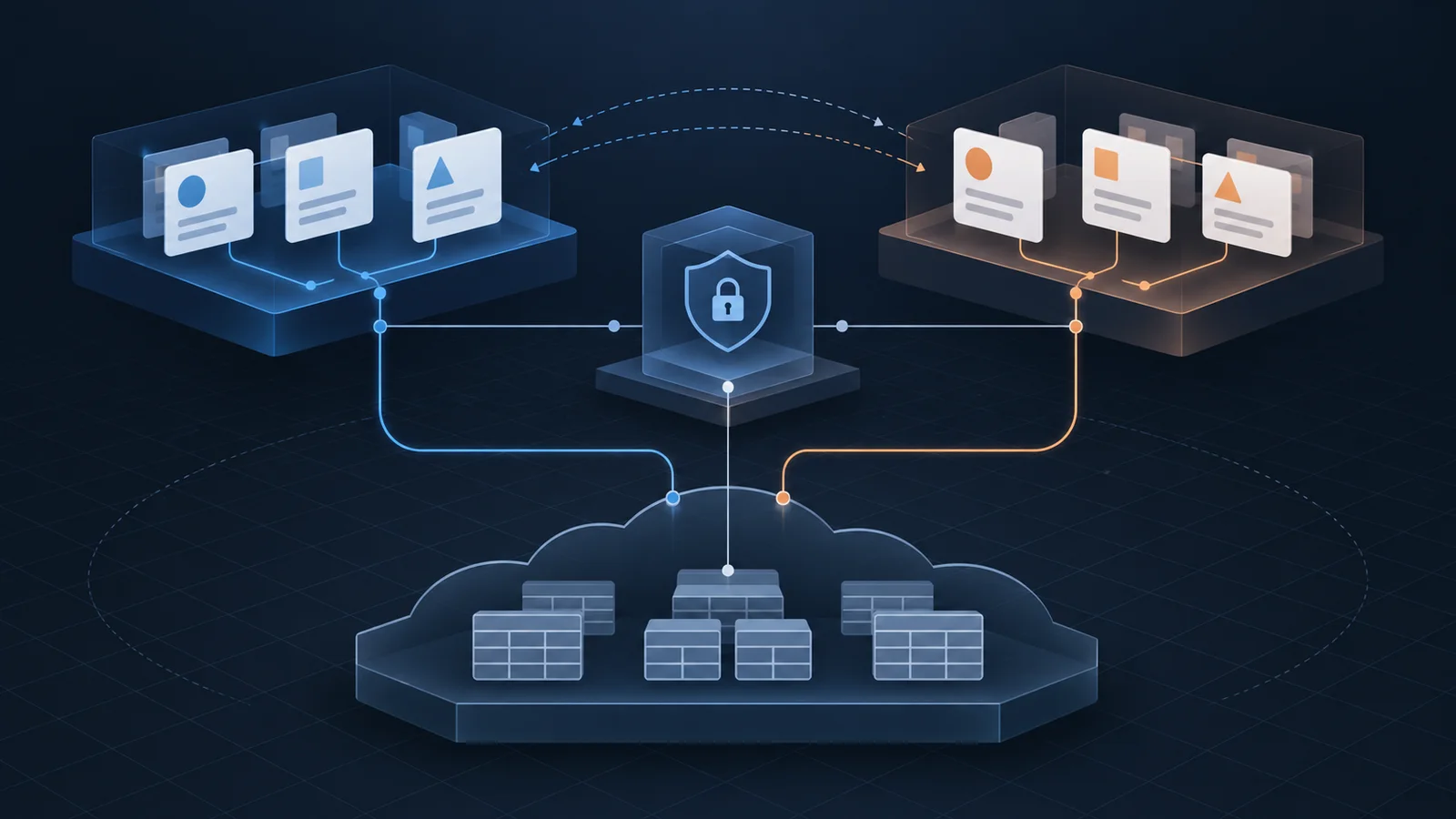 Abstract illustration of two separate metadata domains connected through a central access-control gate to shared cloud data tables.
