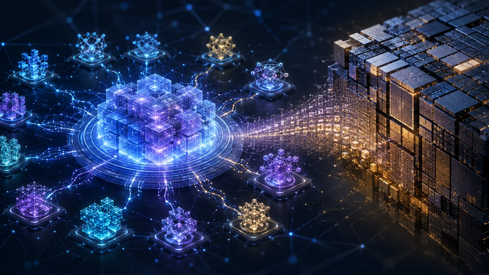 Conceptual illustration of a luminous modular model repository connected to diverse network nodes as a large abstract semiconductor lattice approaches from the right.
