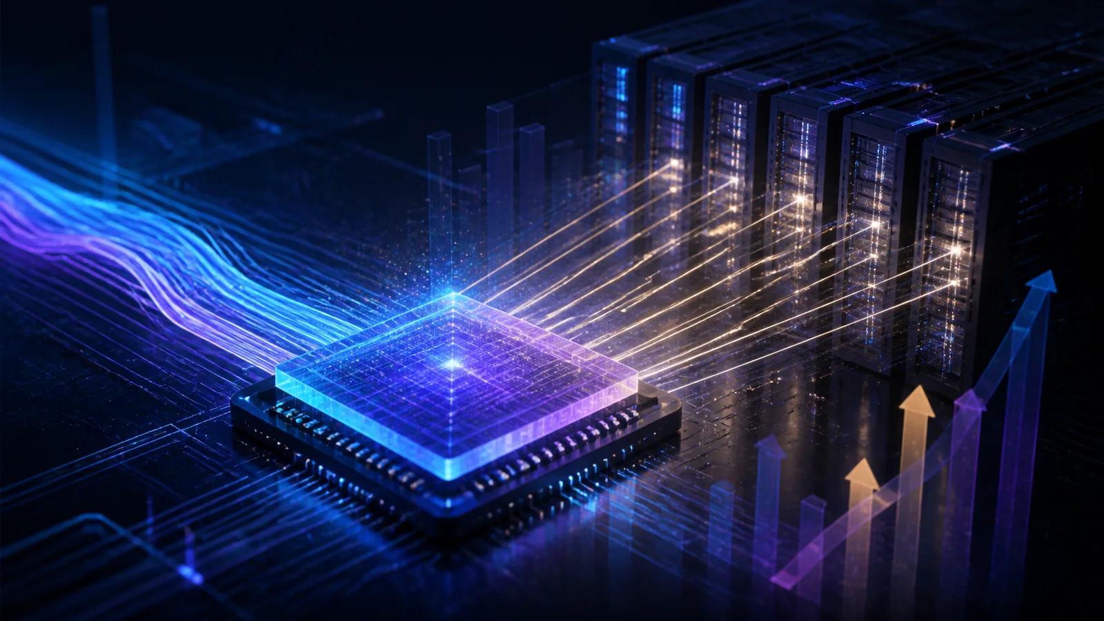 Conceptual illustration of a luminous optical chip sending beams of light toward server racks, with upward arrows representing funding growth.