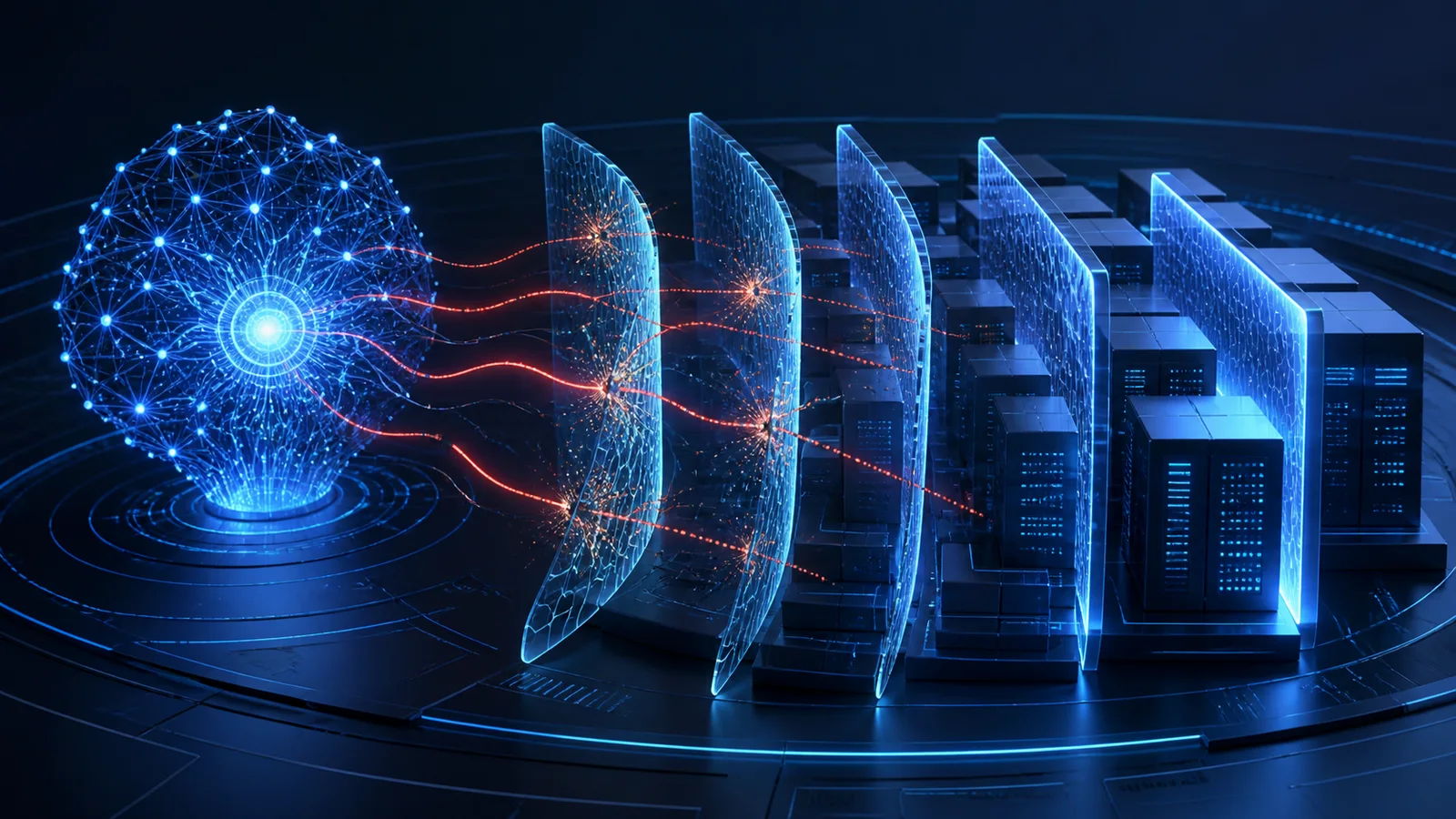 Abstract neural-network core sending restrained red paths toward layered defensive barriers in a simulated server environment